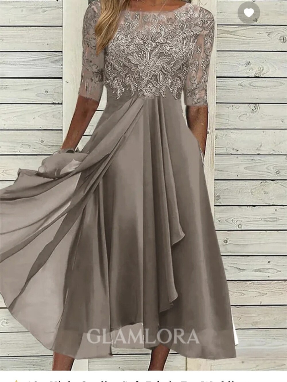 New! Elegant Taupe Lace Bodice Midi Dress